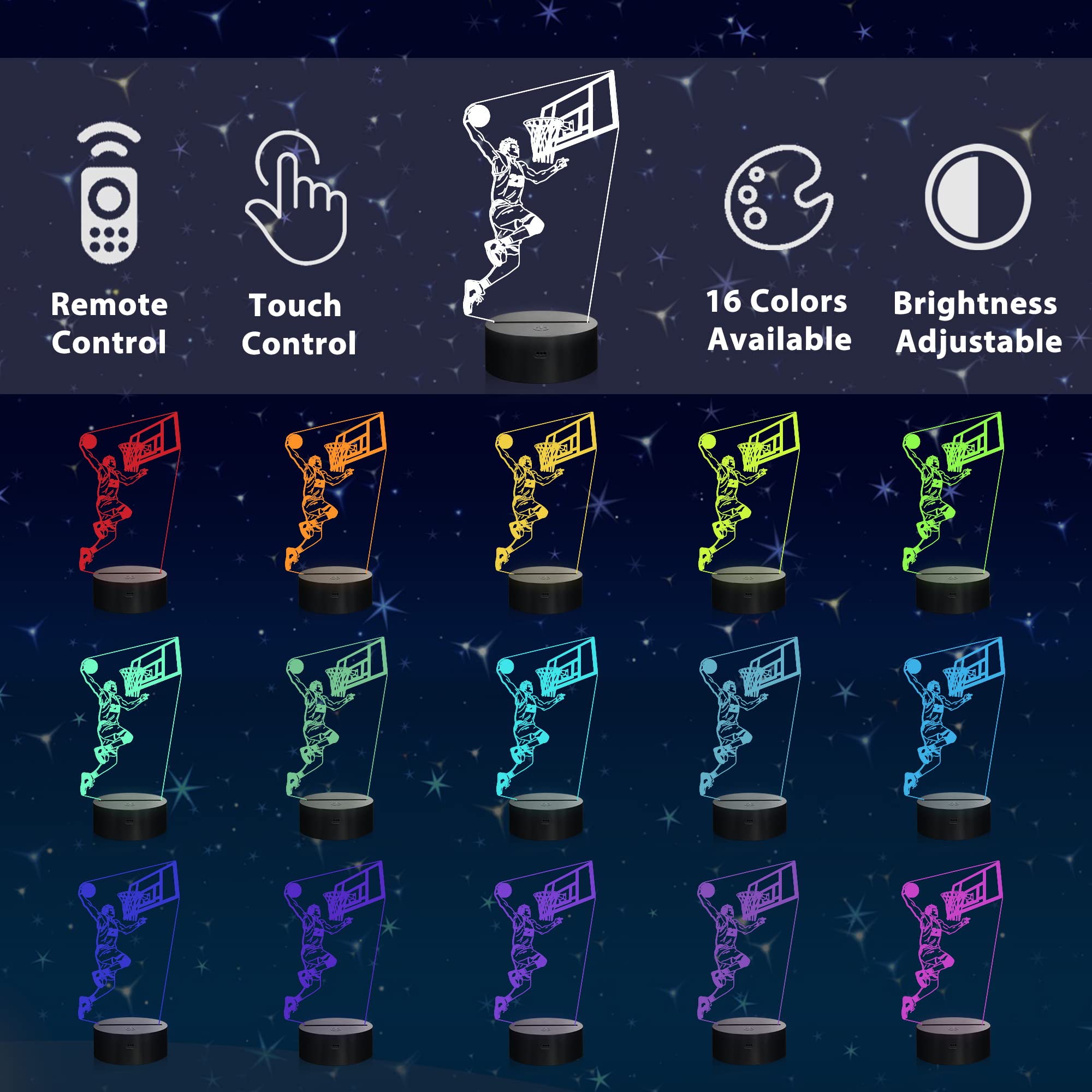 Ammonite 3D Night Light Basketball Player Lamp, 16 Color Remote Led Decor For Kids' Room